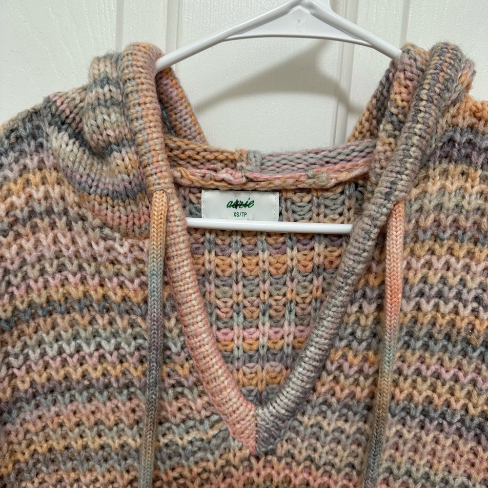 aerie‎ Multicolor Striped V-Neck Hoodie Sweater in Pink, Gray & Cream womens XS - Picture 4 of 5